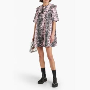 Ganni Ruffle-Trimmed Tiger-Print Denim Mini Dress in Tiger Stripe/Light Lilac